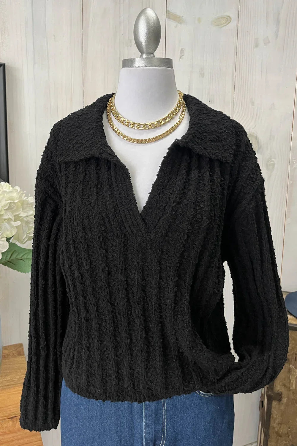 Ribbed Knit Collared Cropped Textured Fall Sweater