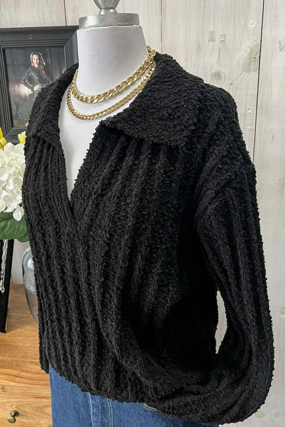 Ribbed Knit Collared Cropped Textured Fall Sweater