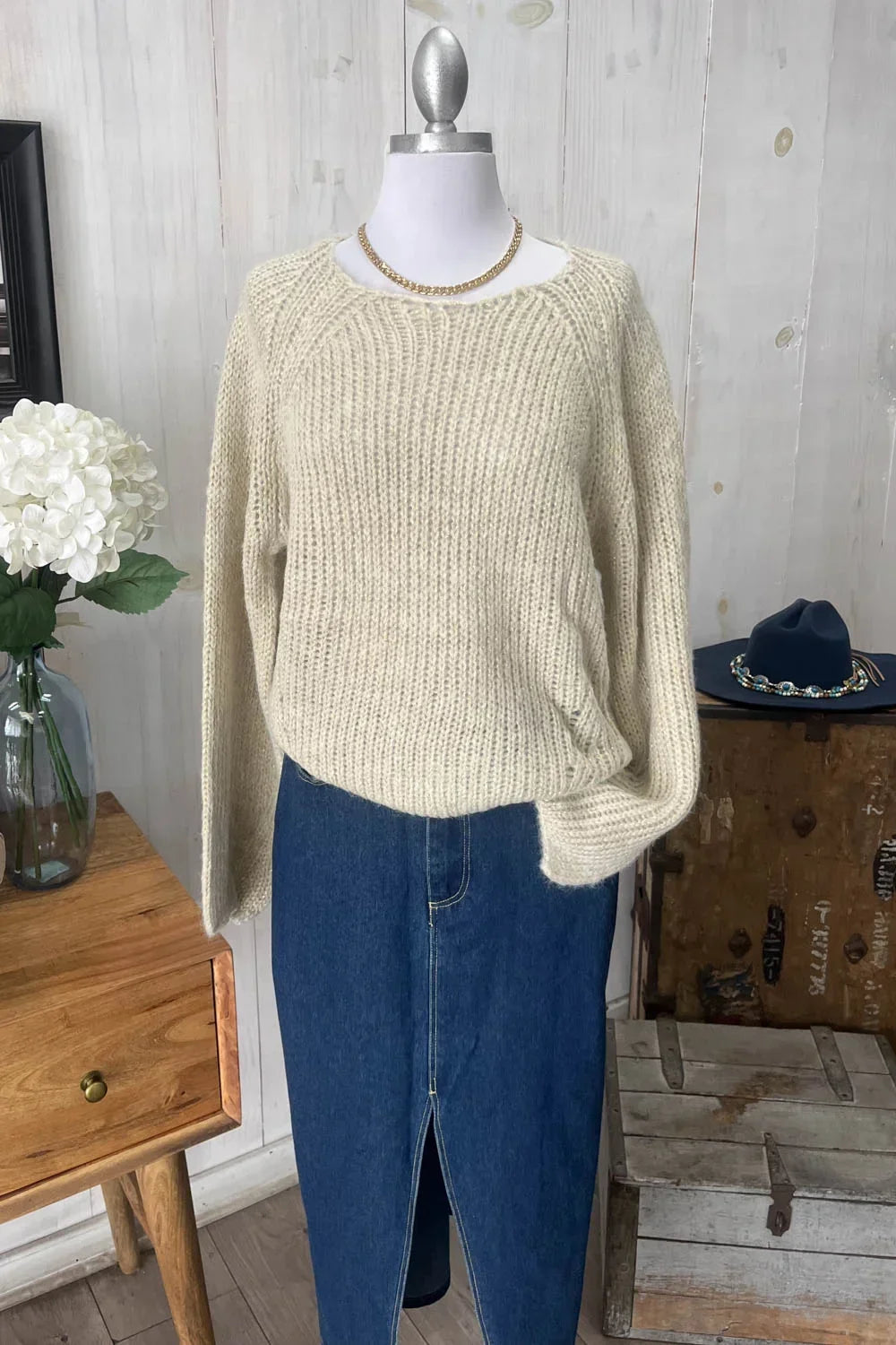 Cozy Oversized Chunky Knit Crew Neck Long Bell Sleeve Sweater