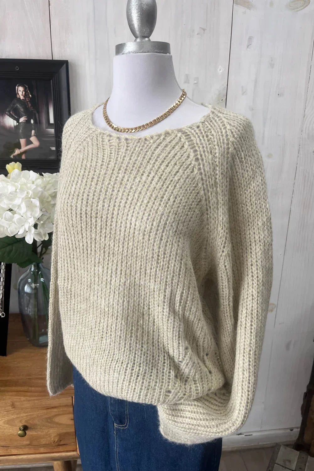 Cozy Oversized Chunky Knit Crew Neck Long Bell Sleeve Sweater