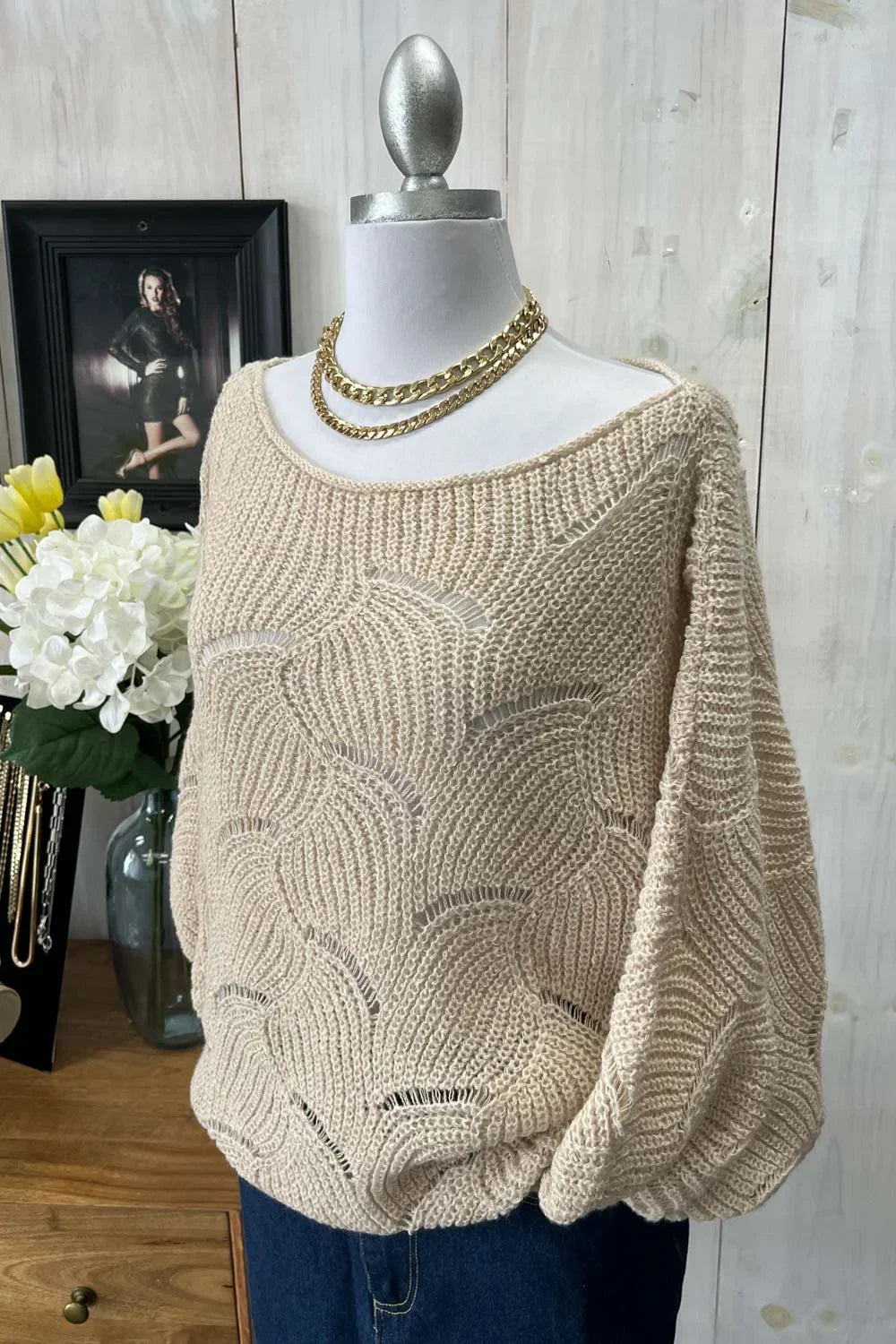 Cable Knit Boat Neck Oversized Pullover Cozy Sweater