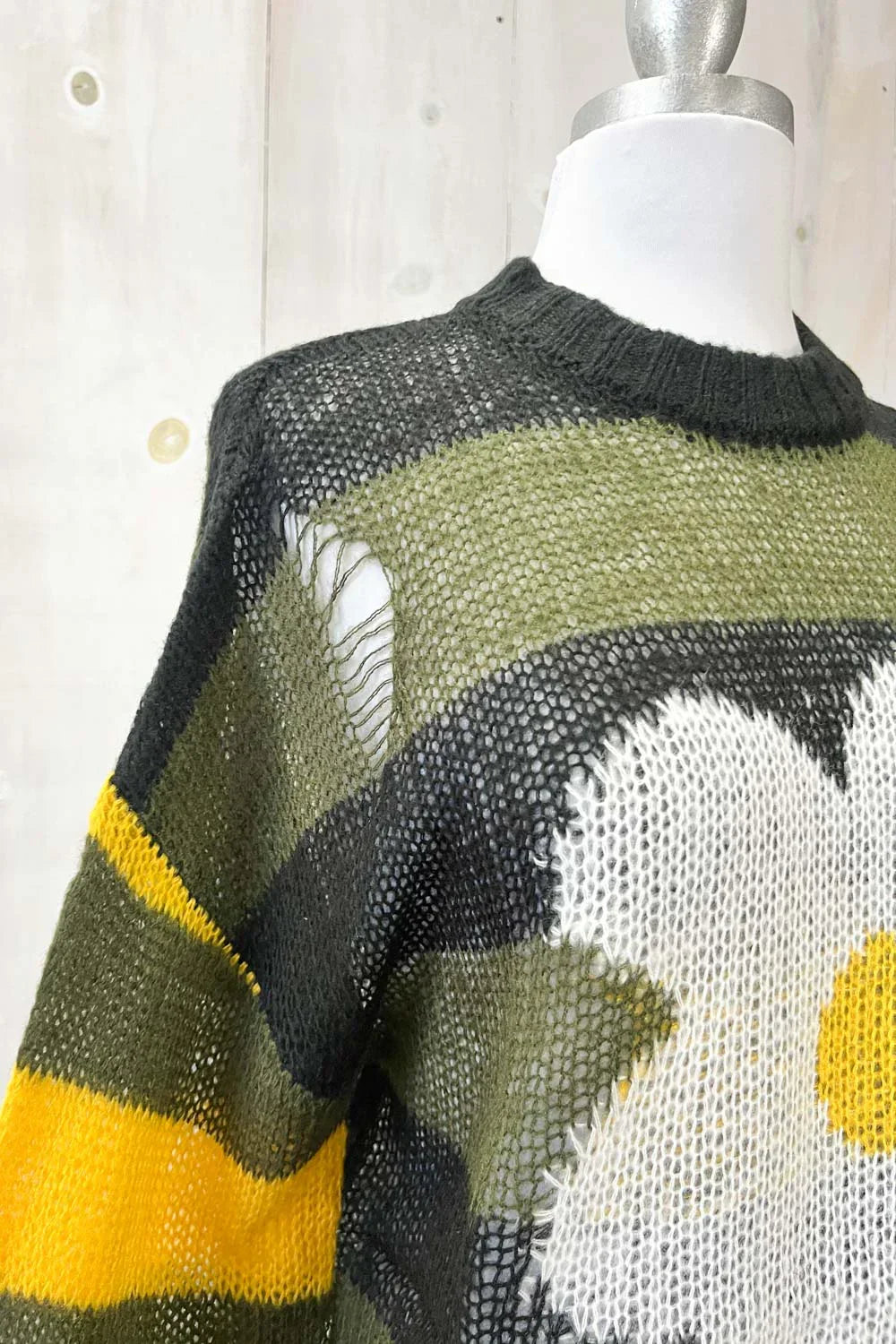 Colorblock Daisy Floral Print Distressed Mock Neck Lightweight Sweater - Tasha Apparel Wholesale