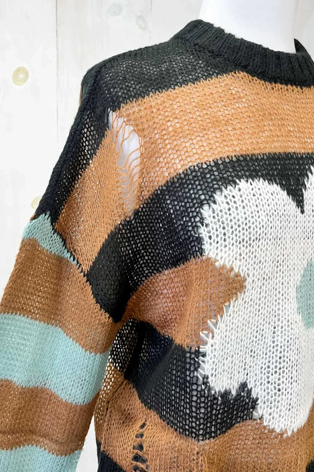 Colorblock Daisy Floral Print Distressed Mock Neck Lightweight Sweater - Tasha Apparel Wholesale