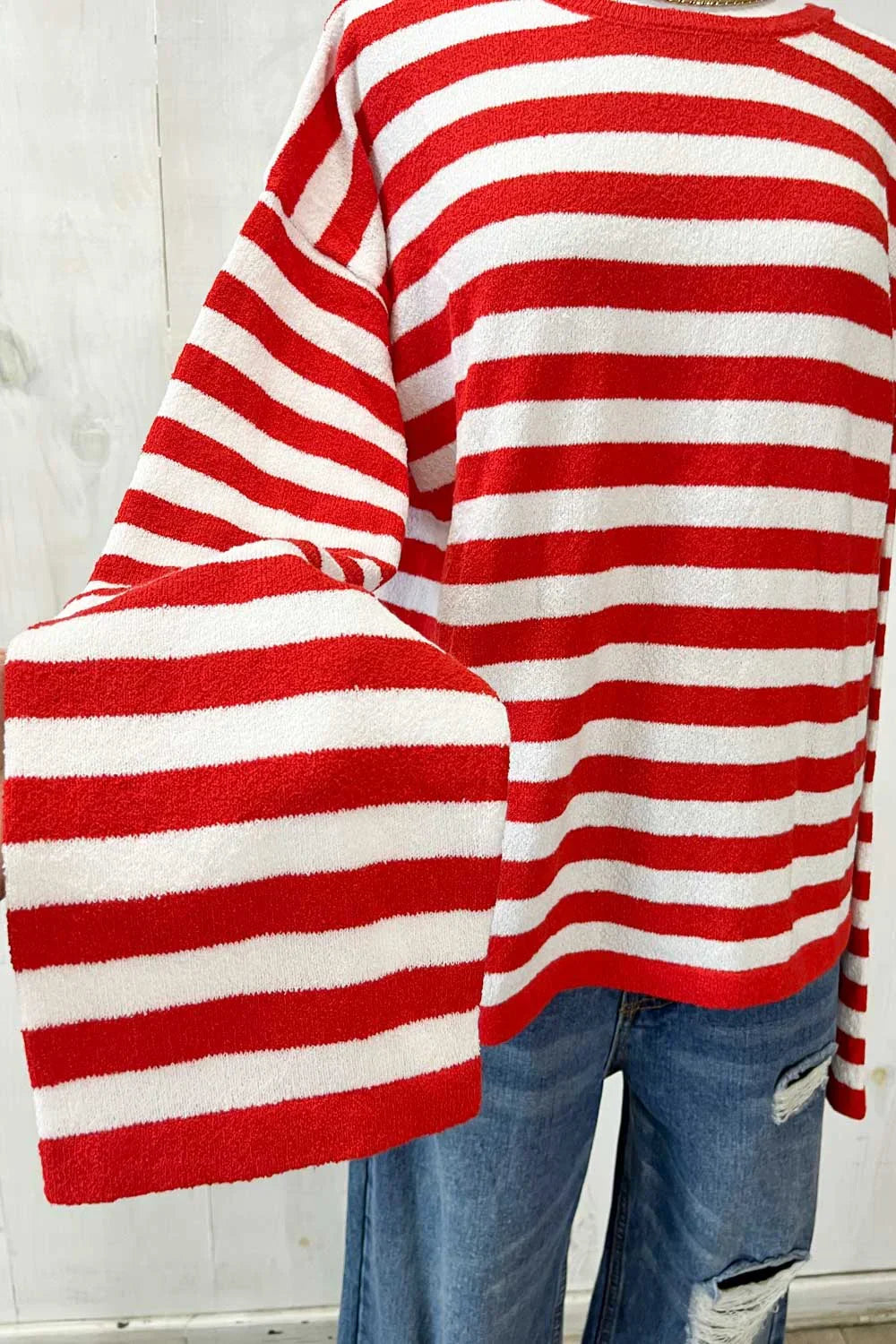 Classic Horizontal Striped Soft Knit Crew Neck Relaxed Fit Long Sleeve Pullover Sweater - Tasha Apparel Wholesale