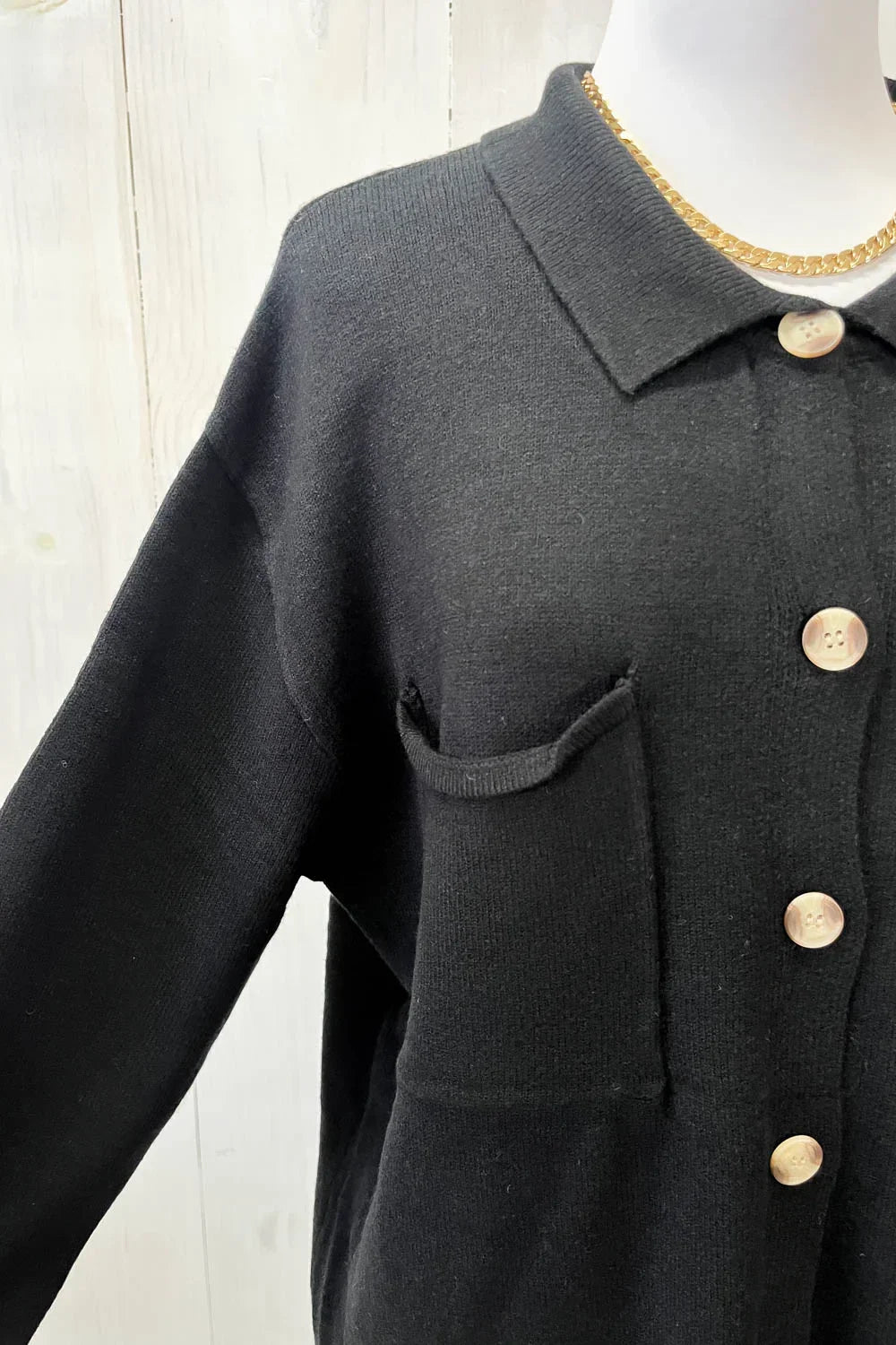 Black Collared Front Pocket Button Down Sweater Shirt