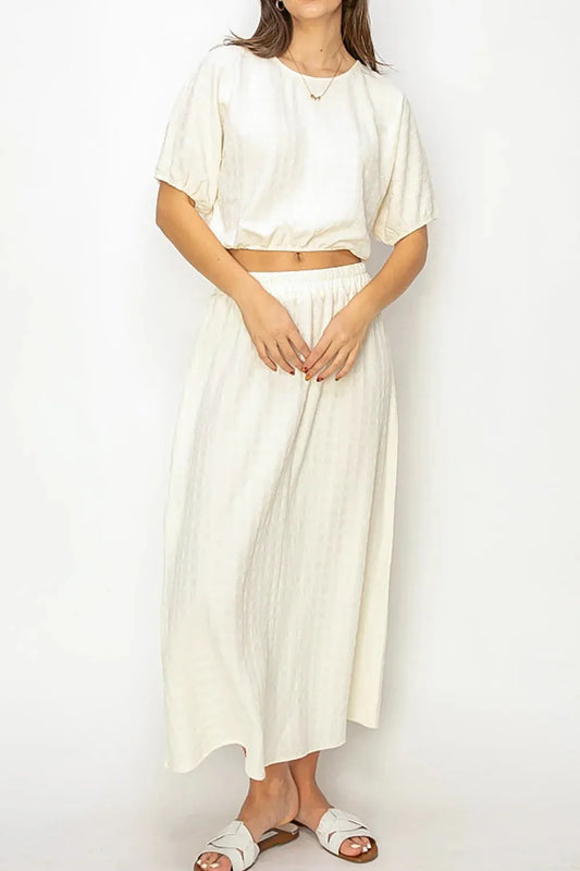 Two Piece Set Puff Sleeve Crop Top & Elastic Waist Maxi Skirt Set - Tasha Apparel Wholesale