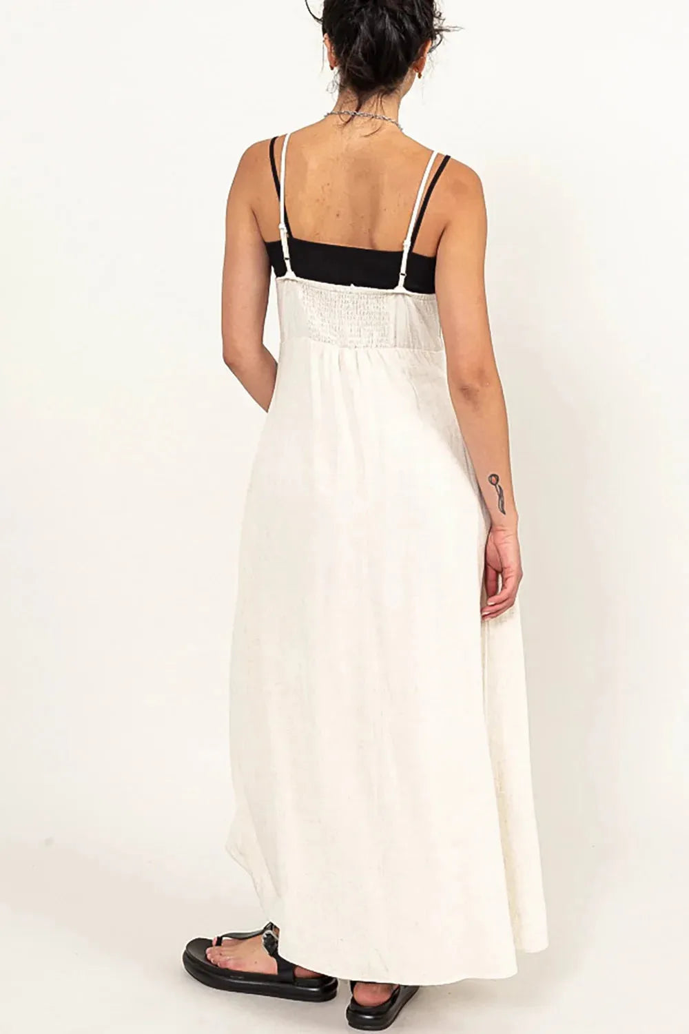 Linen Button Down Elastic Back Adjustable Straps Maxi Dress Linen Button Down Elastic Back Adjustable Straps Maxi Dress