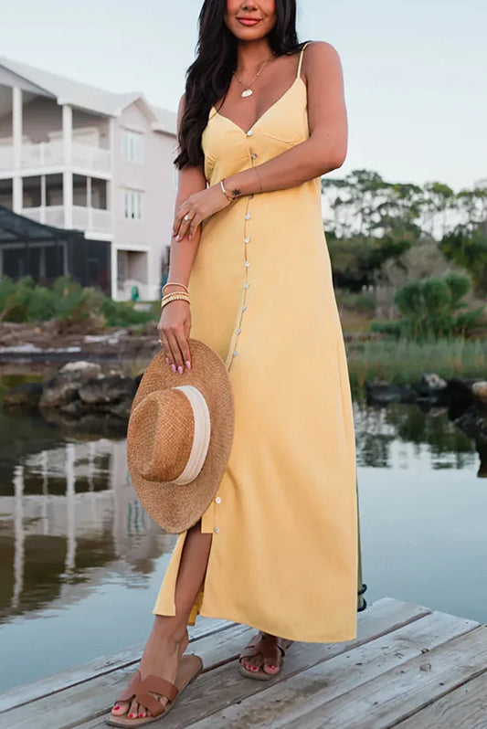 Linen Button Down Elastic Back Adjustable Straps Maxi Dress - Tasha Apparel Wholesale