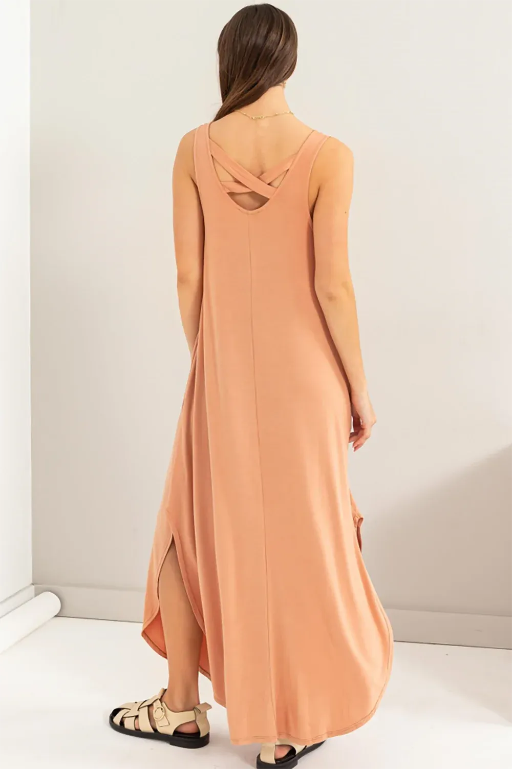 flowing maxi dresses Sleeveless Two Side Pocket Flowing Maxi Dress Taupe / S-M-L/2-2-2