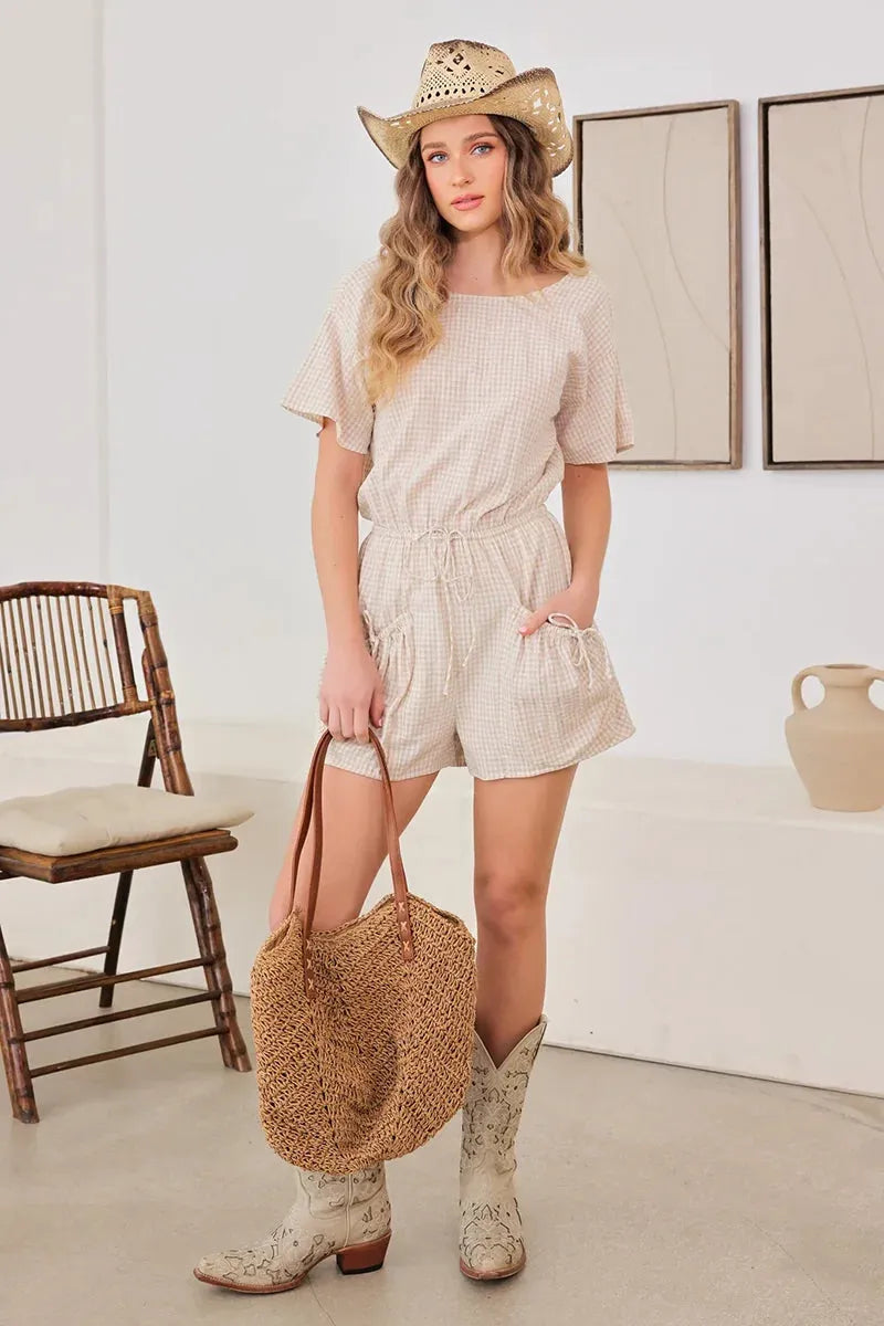 Short Sleeve Drawstring Waist Checker Romper - Tasha Apparel Wholesale