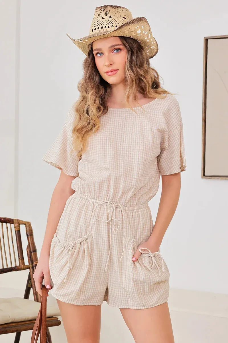 Short Sleeve Drawstring Waist Checker Romper - Tasha Apparel Wholesale