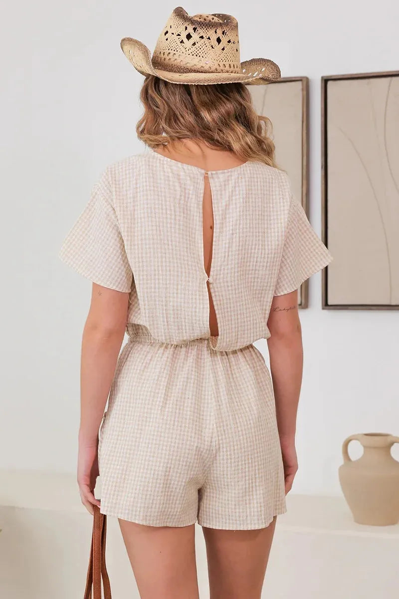 Short Sleeve Drawstring Waist Checker Romper - Tasha Apparel Wholesale