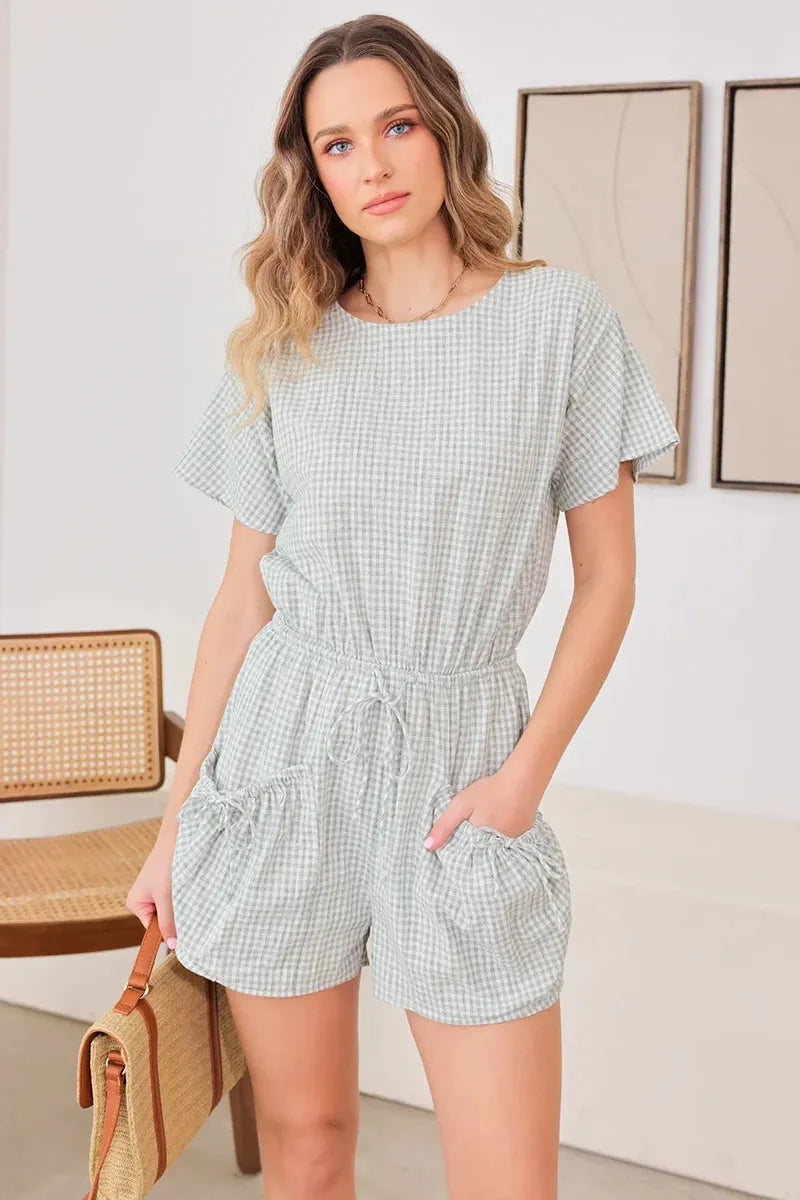 Short Sleeve Drawstring Waist Checker Romper - Tasha Apparel Wholesale