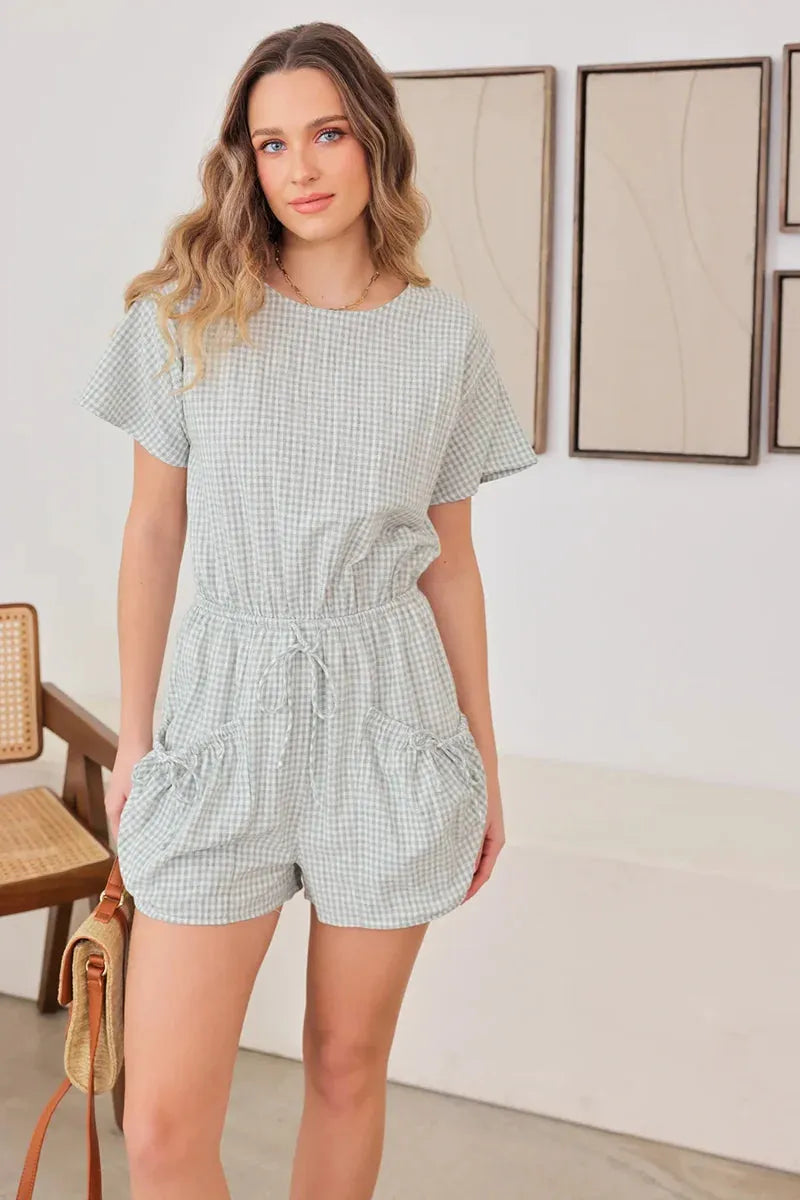 Short Sleeve Drawstring Waist Checker Romper - Tasha Apparel Wholesale