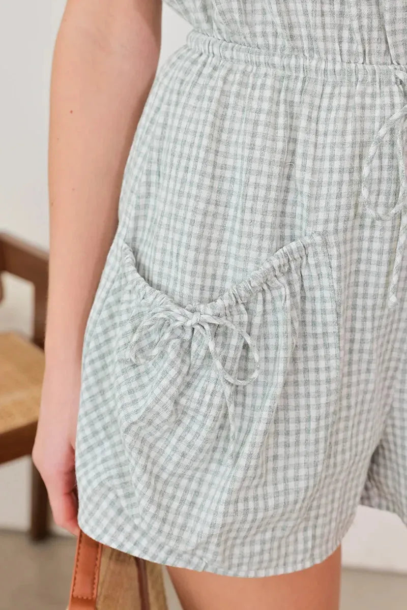 Short Sleeve Drawstring Waist Checker Romper - Tasha Apparel Wholesale