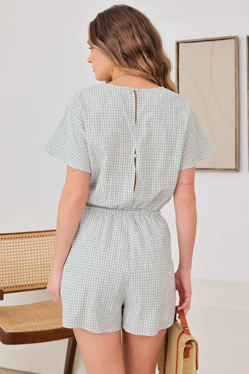 Short Sleeve Drawstring Waist Checker Romper - Tasha Apparel Wholesale