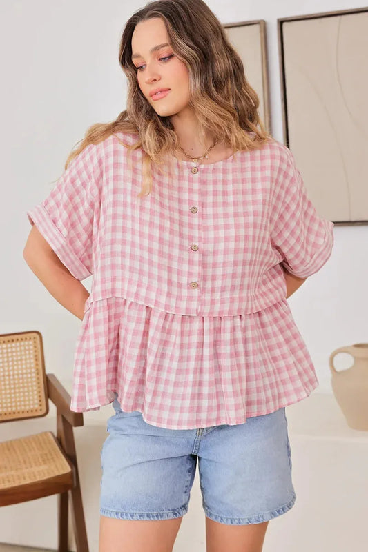 Plaid Peplum Button Up Short Sleeve Top - Tasha Apparel Wholesale