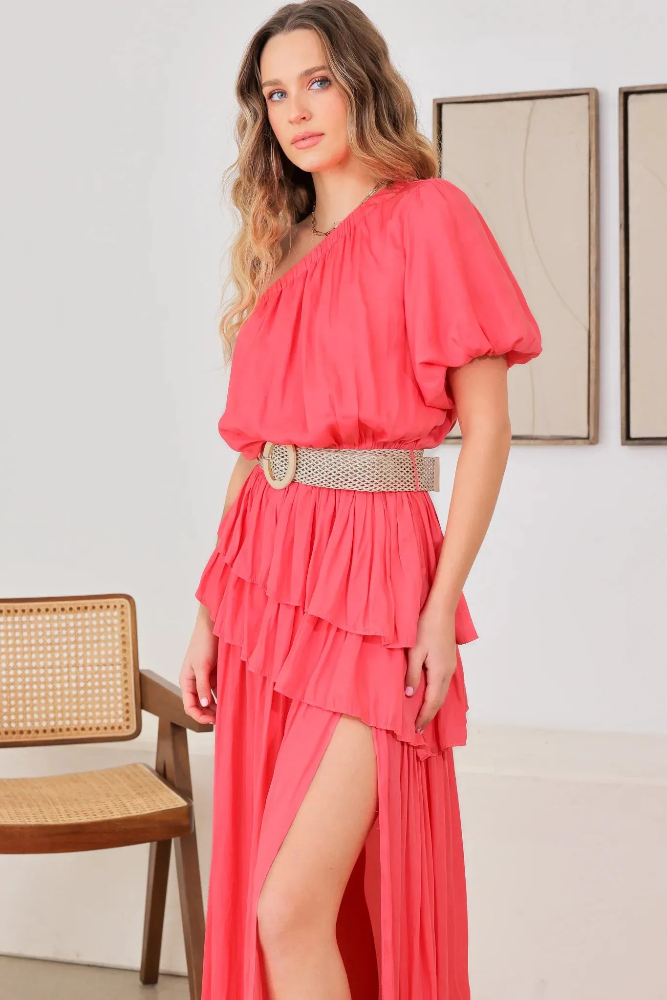 Wicker Belt One Shoulder Ruffle Maxi Dress - Tasha Apparel Wholesale