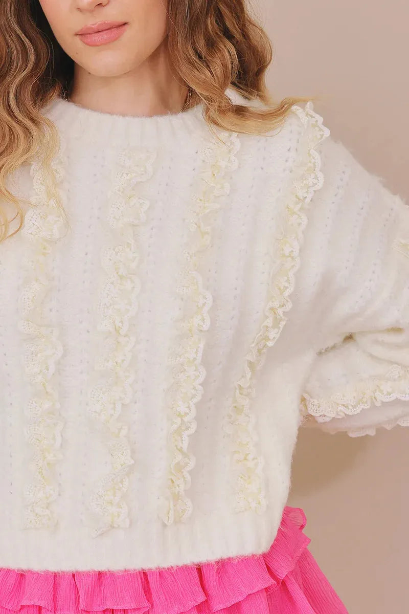 Romantic Lace Round Neck Ribbed Trim Sweater - Tasha Apparel Wholesale