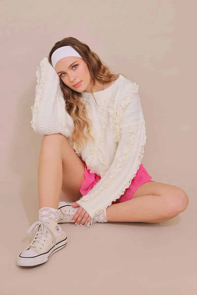 Romantic Lace Round Neck Ribbed Trim Sweater - Tasha Apparel Wholesale