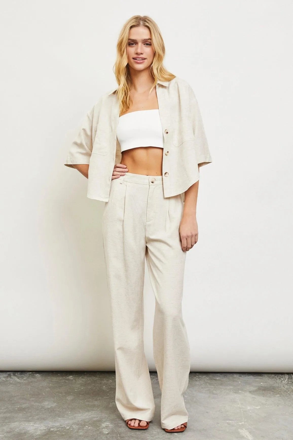 Oatmeal Wide Linen Trousers Pants - Tasha Apparel Wholesale