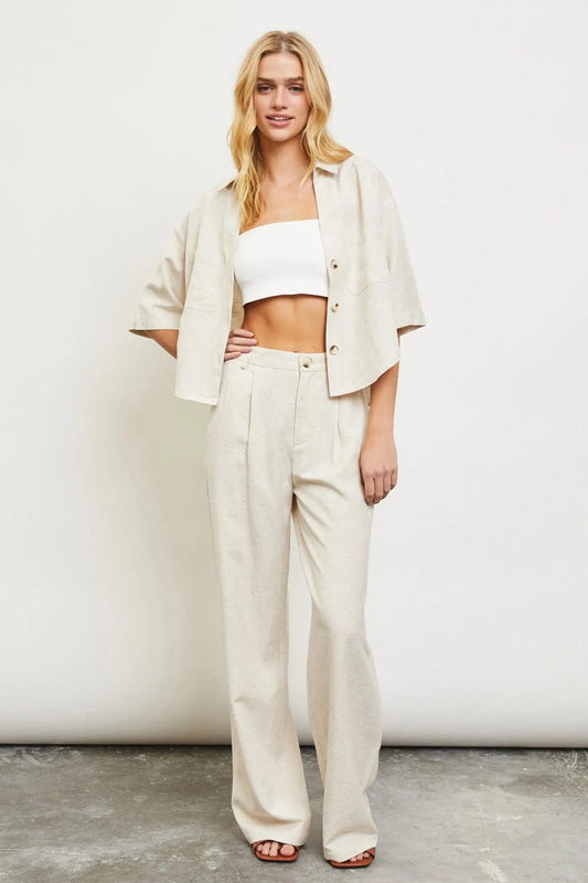 Oatmeal Wide Linen Trousers Pants - Tasha Apparel Wholesale