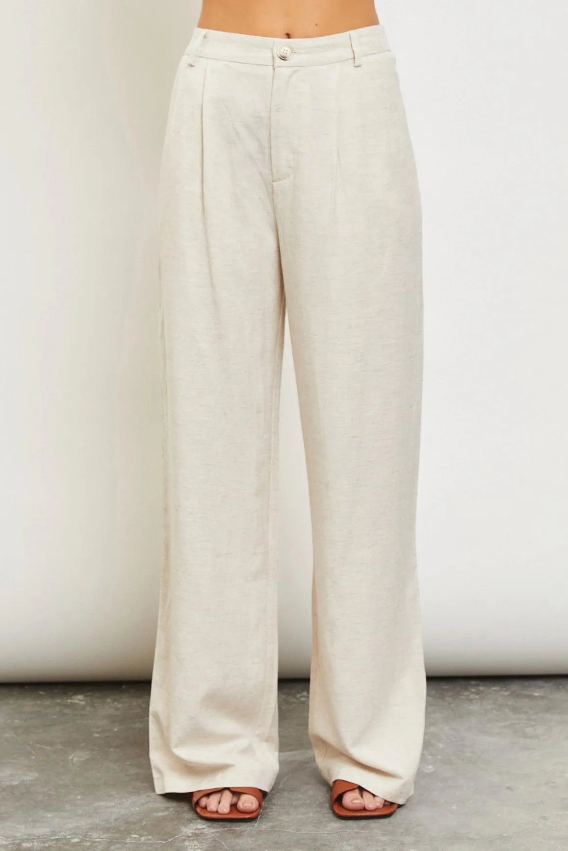 Oatmeal Wide Linen Trousers Pants - Tasha Apparel Wholesale