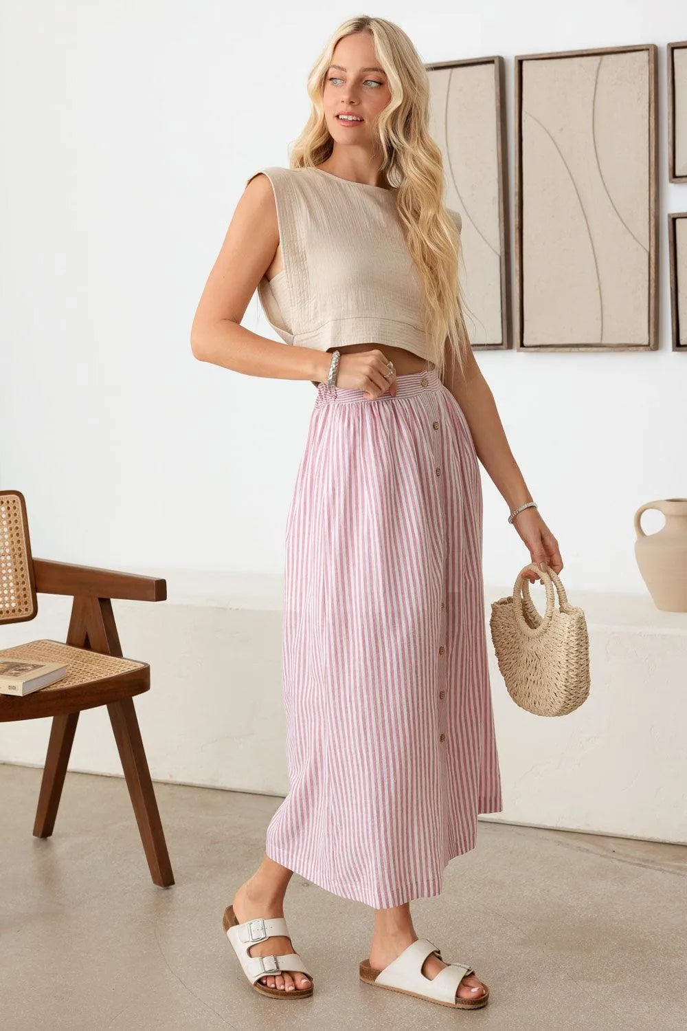 Patio Stripe Button Down Maxi Skirt - Tasha Apparel Wholesale