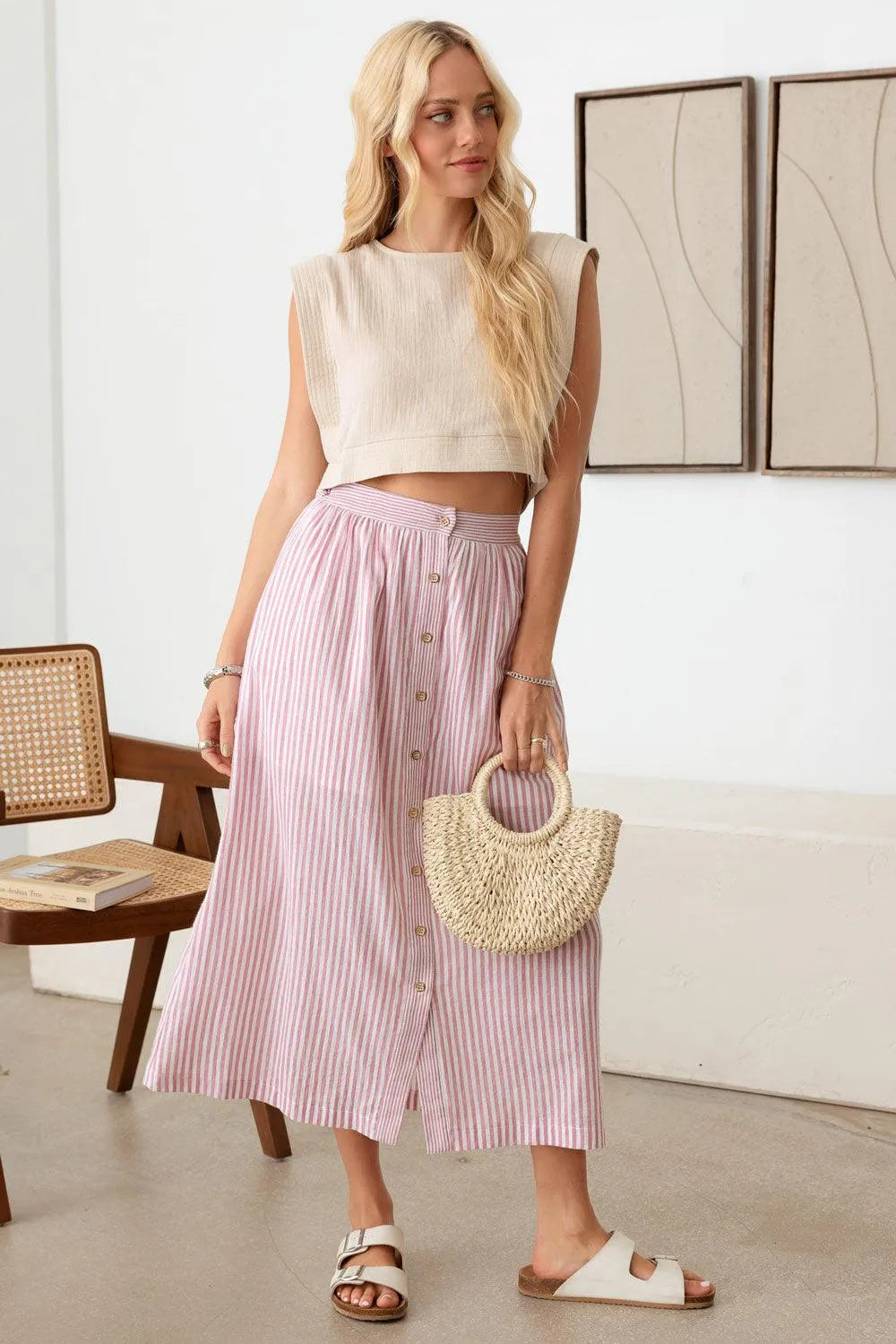 Patio Stripe Button Down Maxi Skirt - Tasha Apparel Wholesale