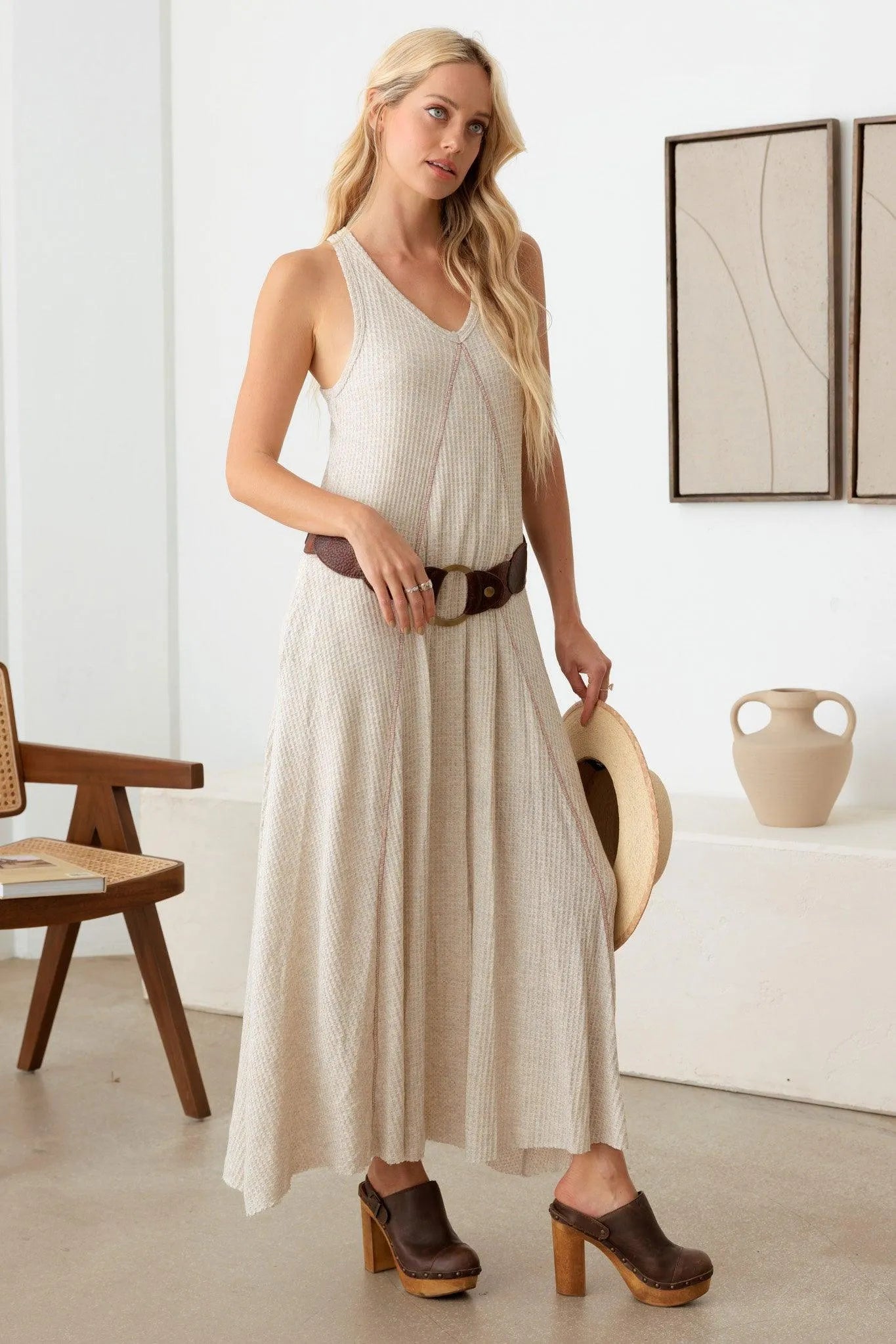 Western Boho Waffle Hip Pocket Maxi Dress - Tasha Apparel Wholesale