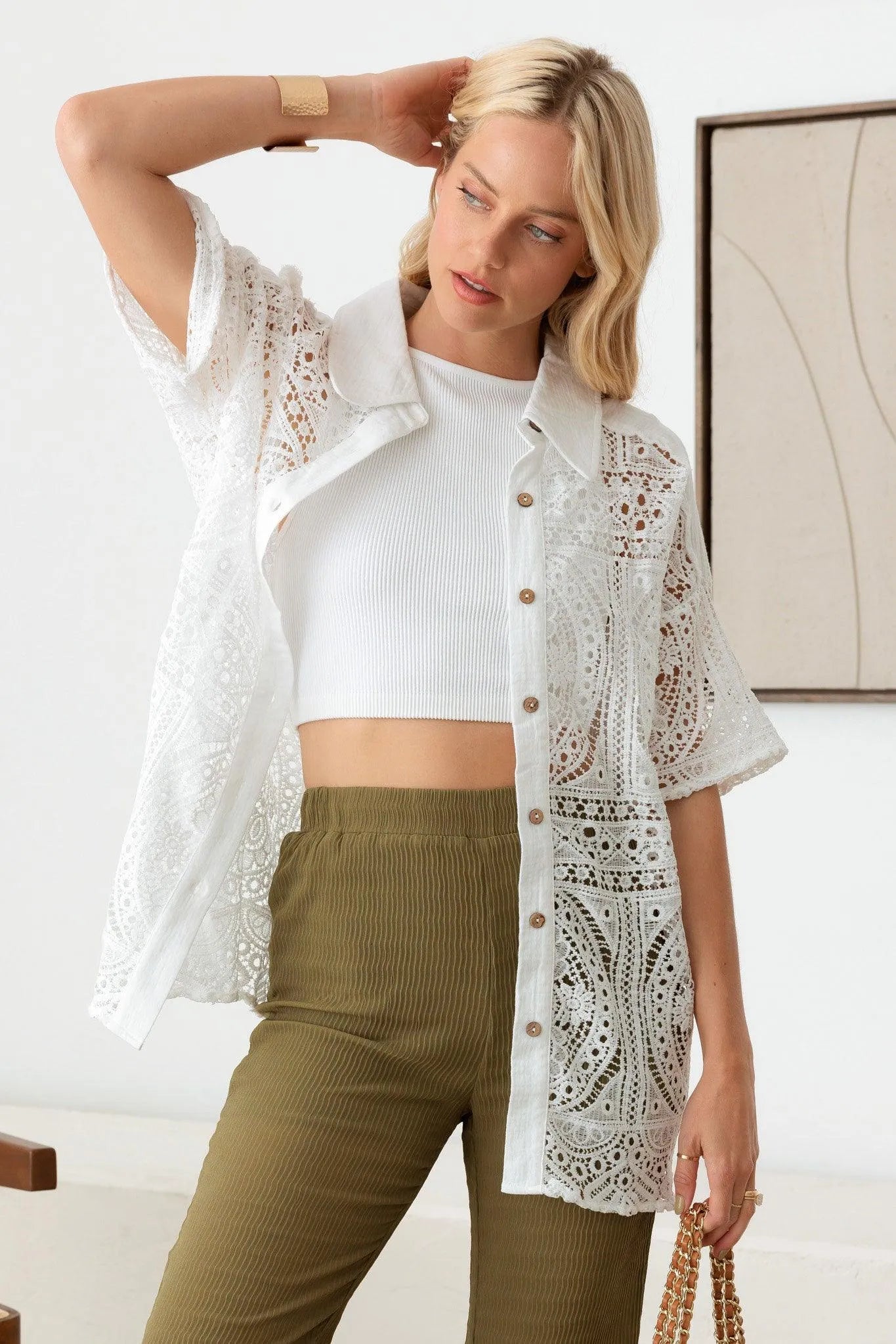Floral Lace Button Down Short Sleeve Shirt - Tasha Apparel Wholesale