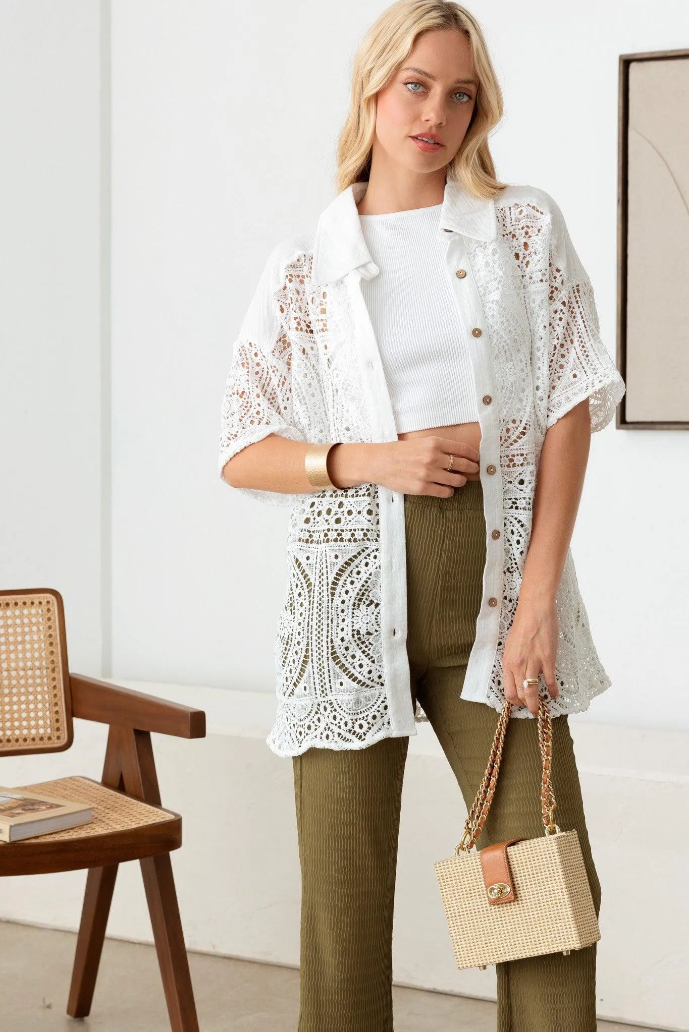 Floral Lace Button Down Short Sleeve Shirt - Tasha Apparel Wholesale