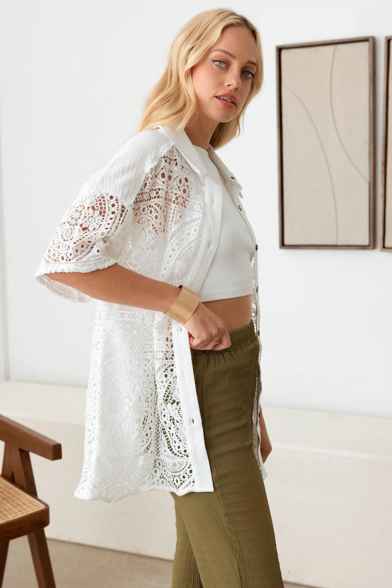 Floral Lace Button Down Short Sleeve Shirt - Tasha Apparel Wholesale