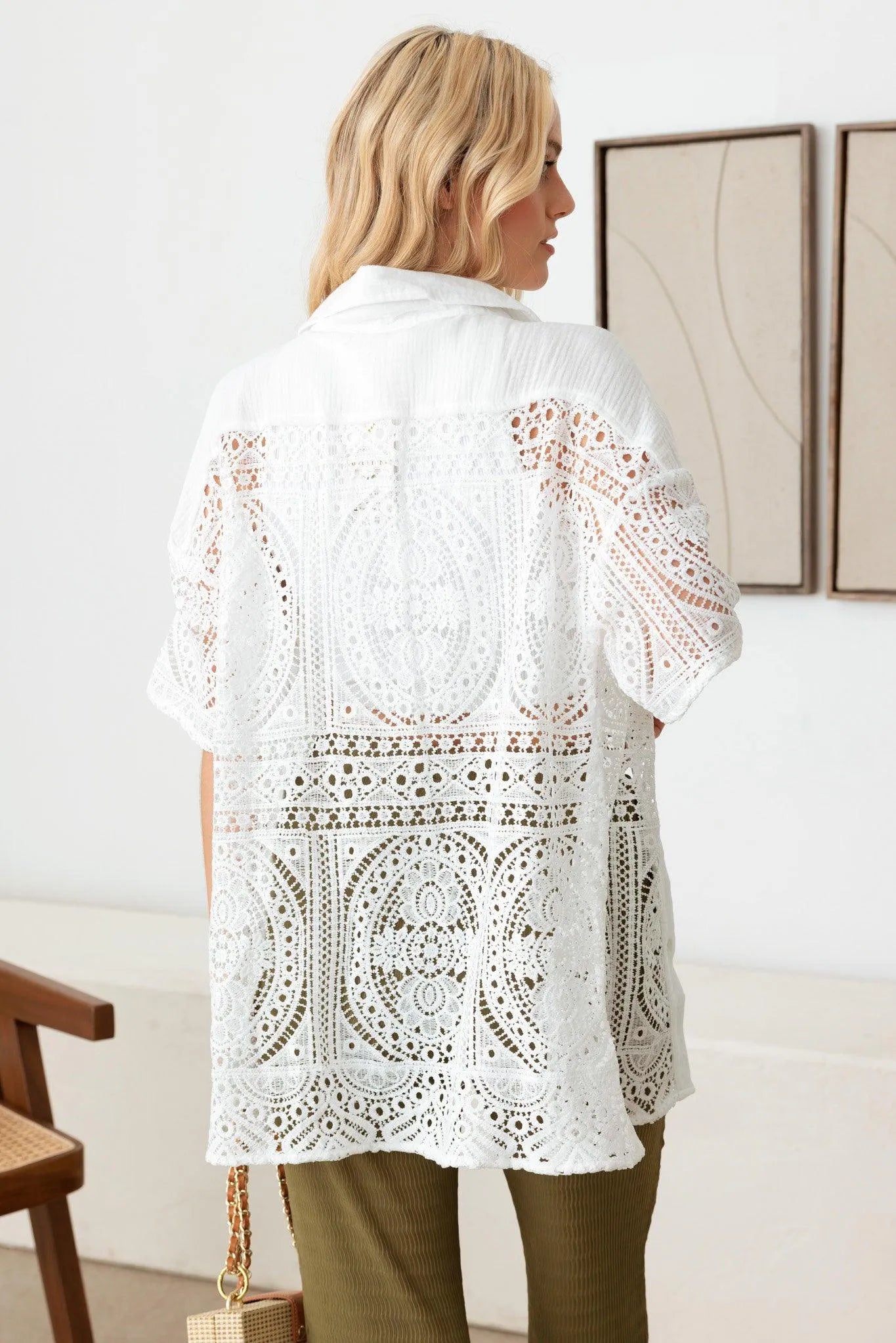 Floral Lace Button Down Short Sleeve Shirt - Tasha Apparel Wholesale