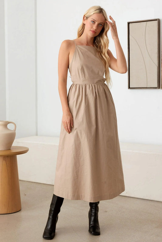 Natural Open Back Tie A-Silhouette Midi Dress - Tasha Apparel Wholesale
