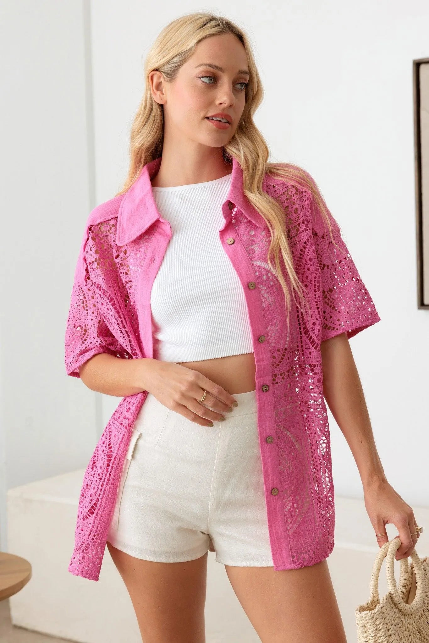 Floral Lace Button Down Short Sleeve Shirt - Tasha Apparel Wholesale