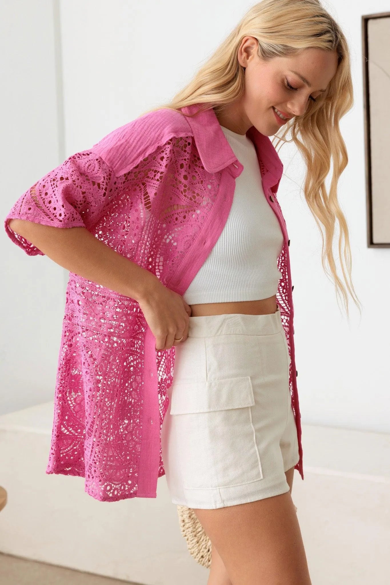 Floral Lace Button Down Short Sleeve Shirt - Tasha Apparel Wholesale