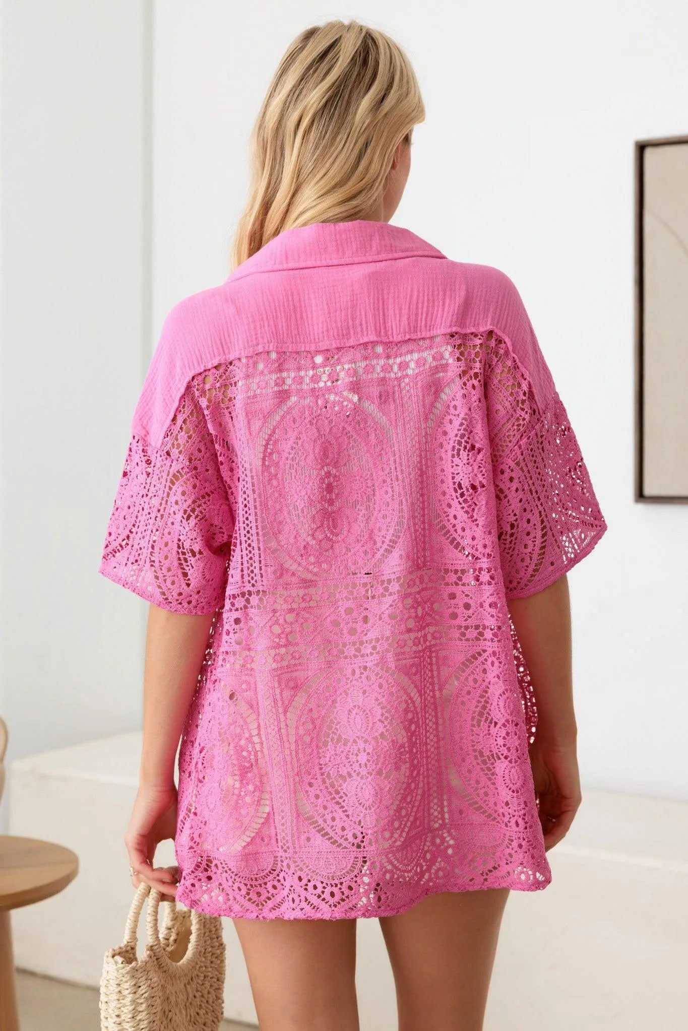 Floral Lace Button Down Short Sleeve Shirt - Tasha Apparel Wholesale