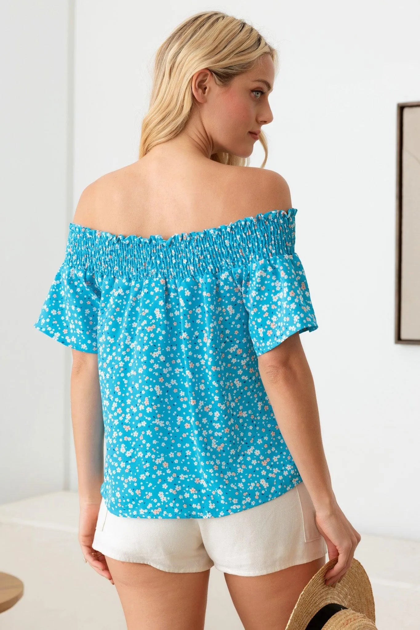 Off Shoulder Smocking Band Ditsy Print Top - Tasha Apparel Wholesale