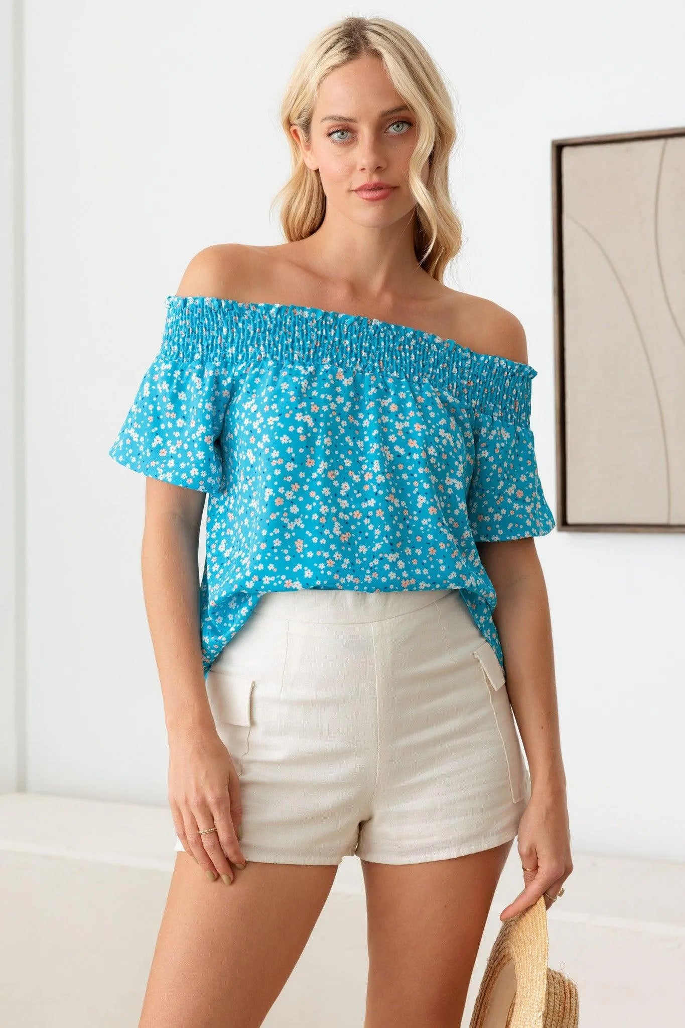 Off Shoulder Smocking Band Ditsy Print Top - Tasha Apparel Wholesale