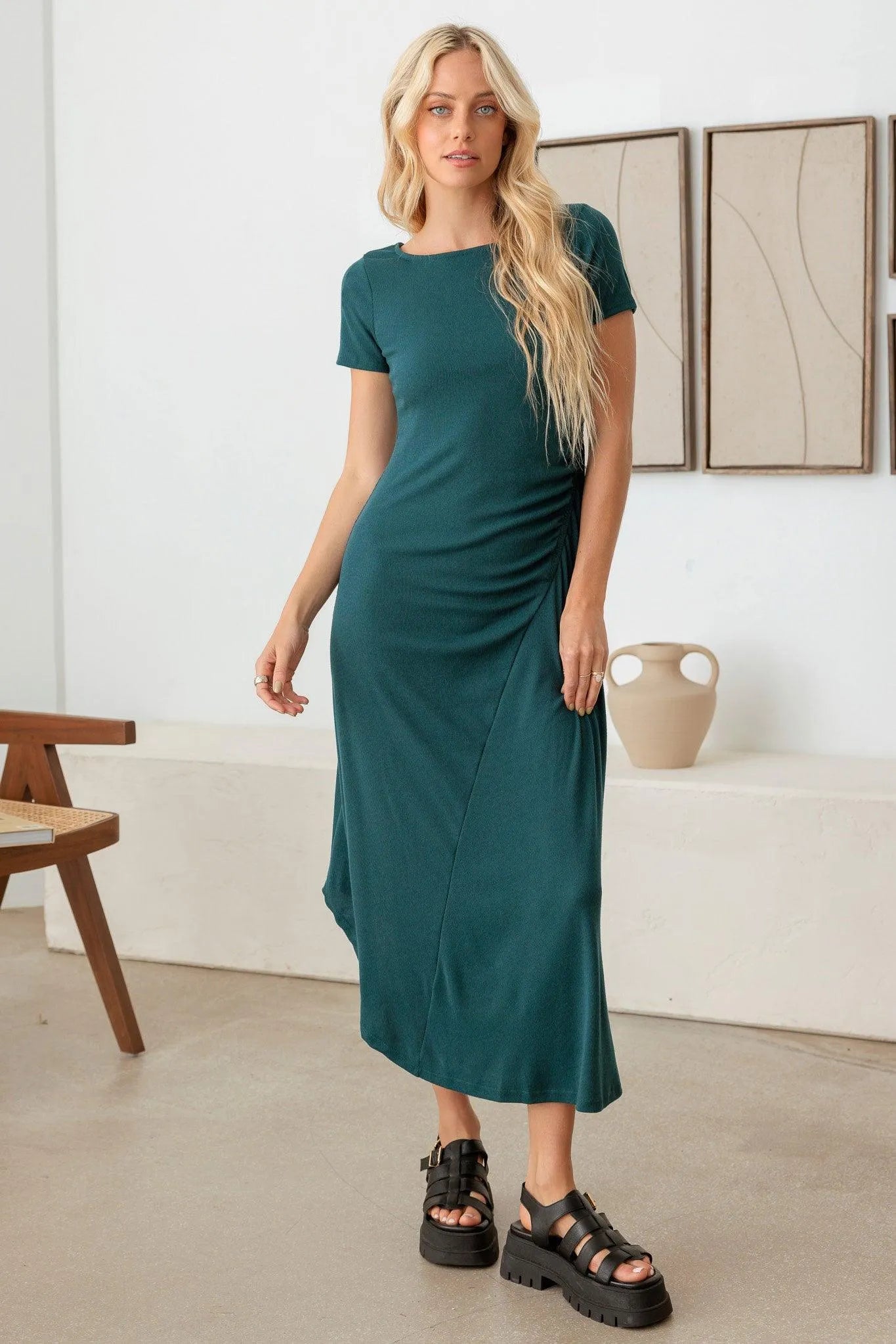 Elastic Ruching Asymmetrical Bottom Maxi Dress - Tasha Apparel Wholesale