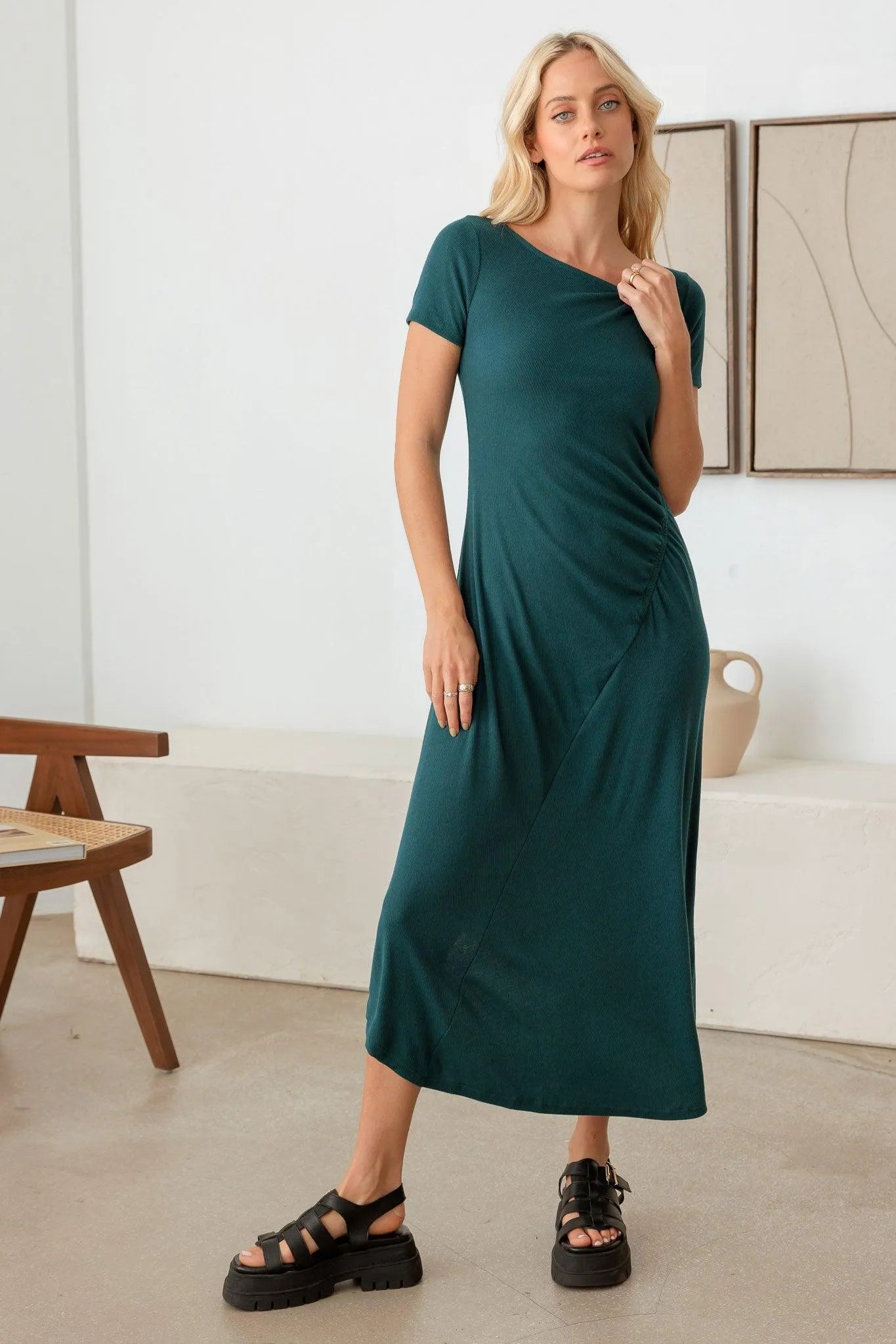 Elastic Ruching Asymmetrical Bottom Maxi Dress - Tasha Apparel Wholesale