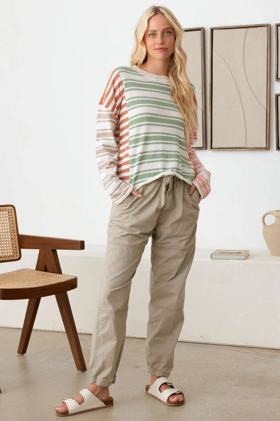Color Block Stripe Wide Sleeve Relaxed Knit Top - Tasha Apparel Wholesale