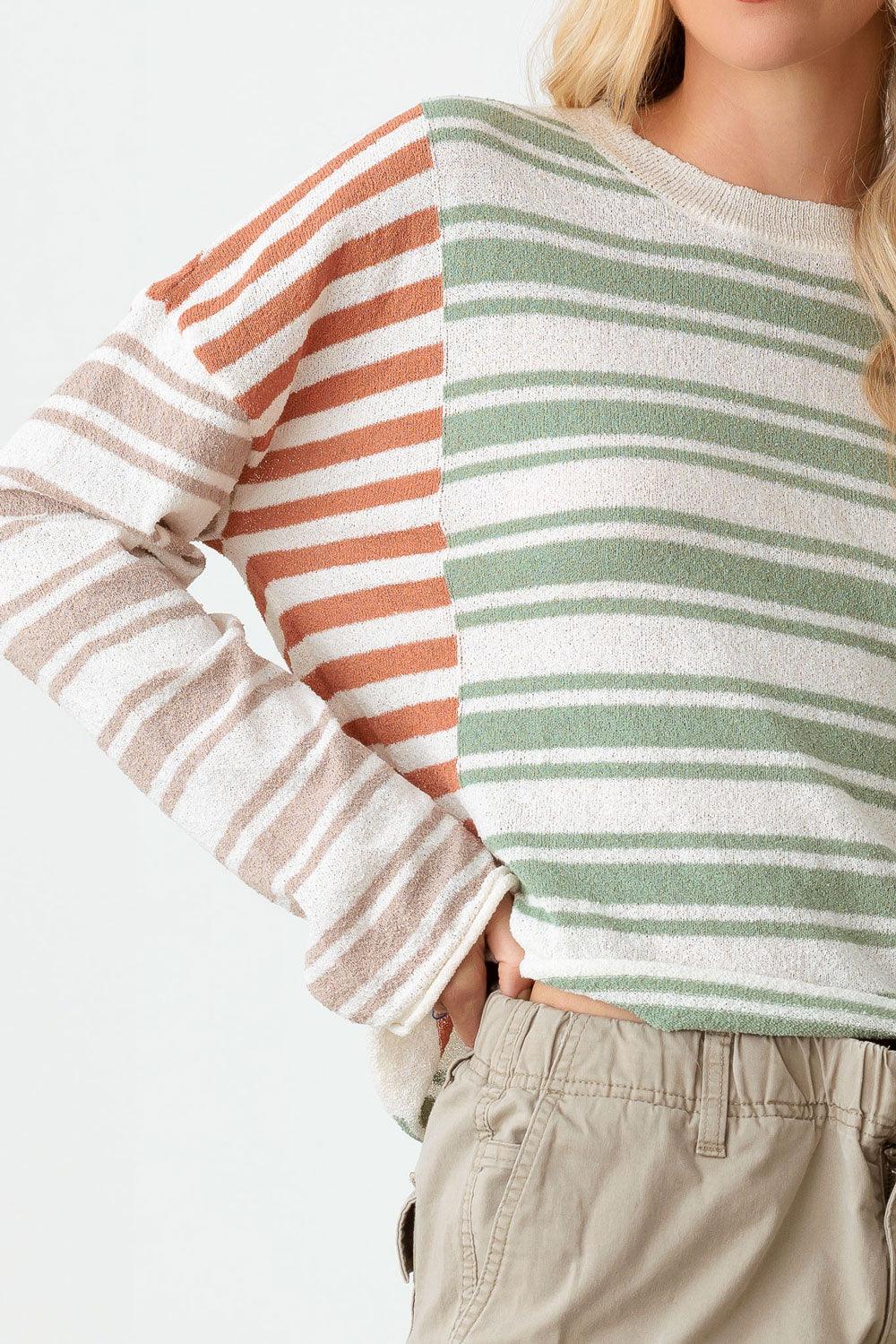 Color Block Stripe Wide Sleeve Relaxed Knit Top - Tasha Apparel Wholesale