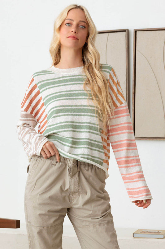 Color Block Stripe Wide Sleeve Relaxed Knit Top