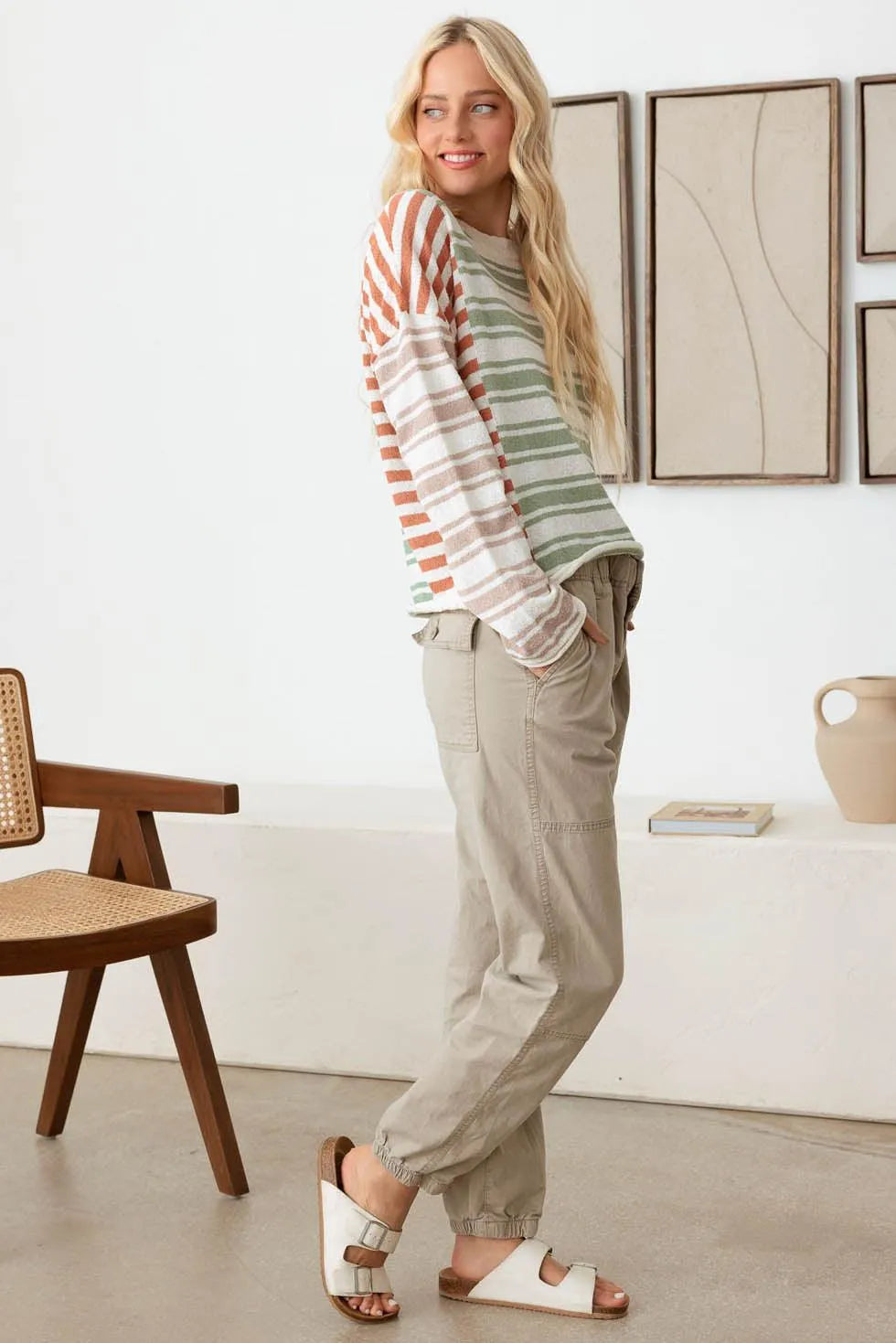 Color Block Stripe Wide Sleeve Relaxed Knit Top - Tasha Apparel Wholesale