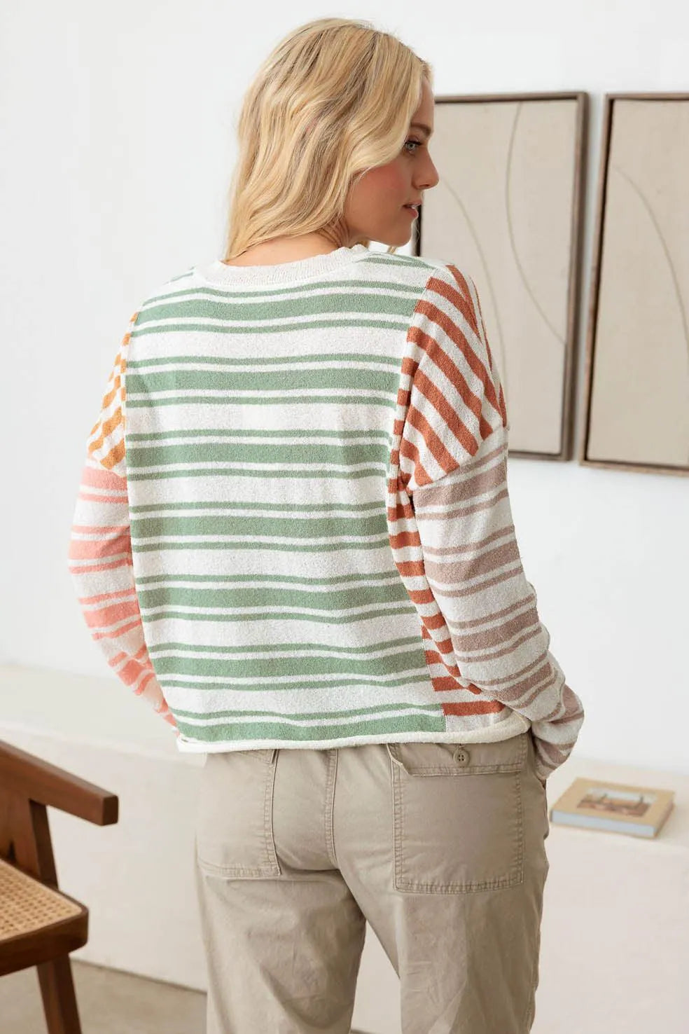 Color Block Stripe Wide Sleeve Relaxed Knit Top - Tasha Apparel Wholesale