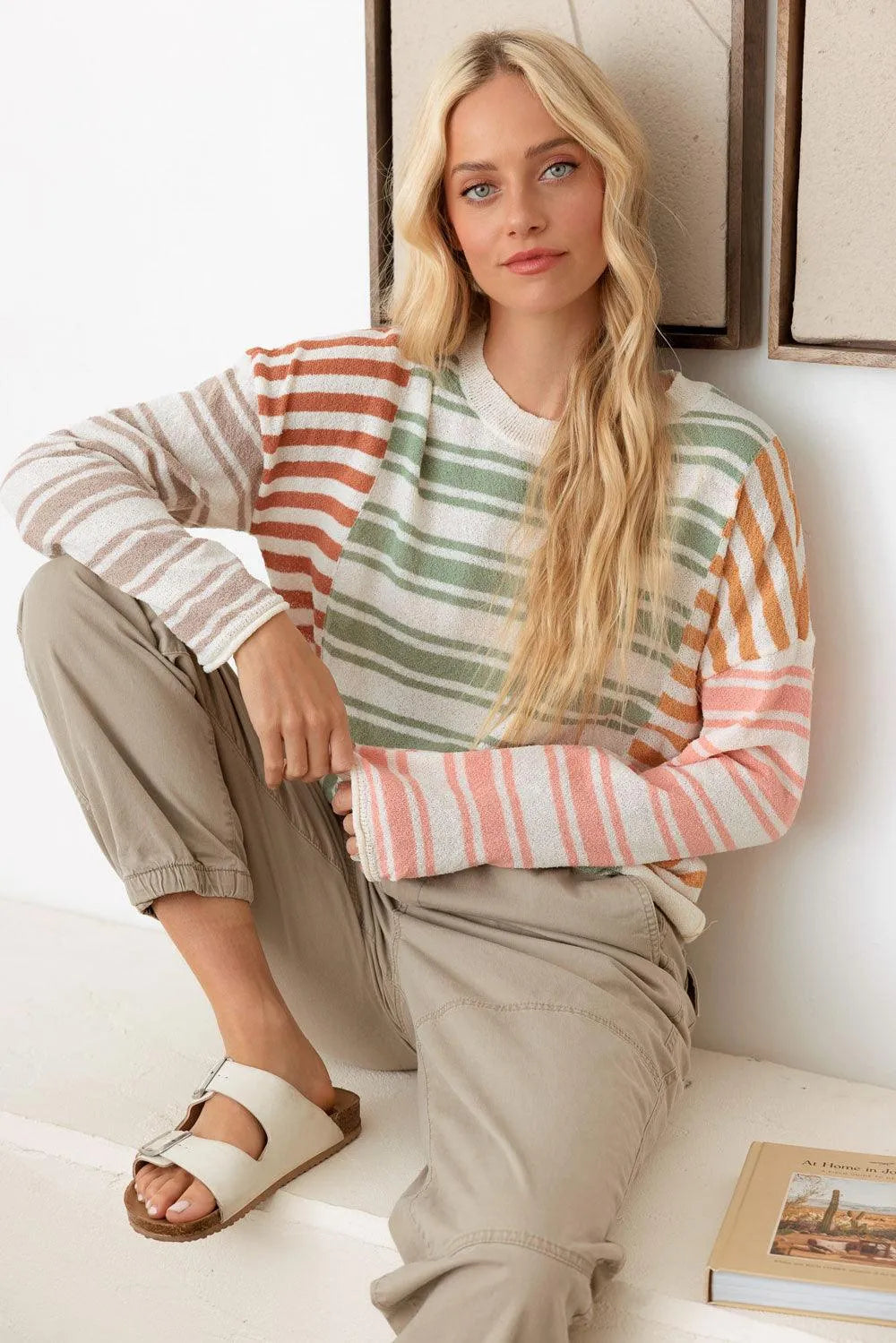 Color Block Stripe Wide Sleeve Relaxed Knit Top - Tasha Apparel Wholesale