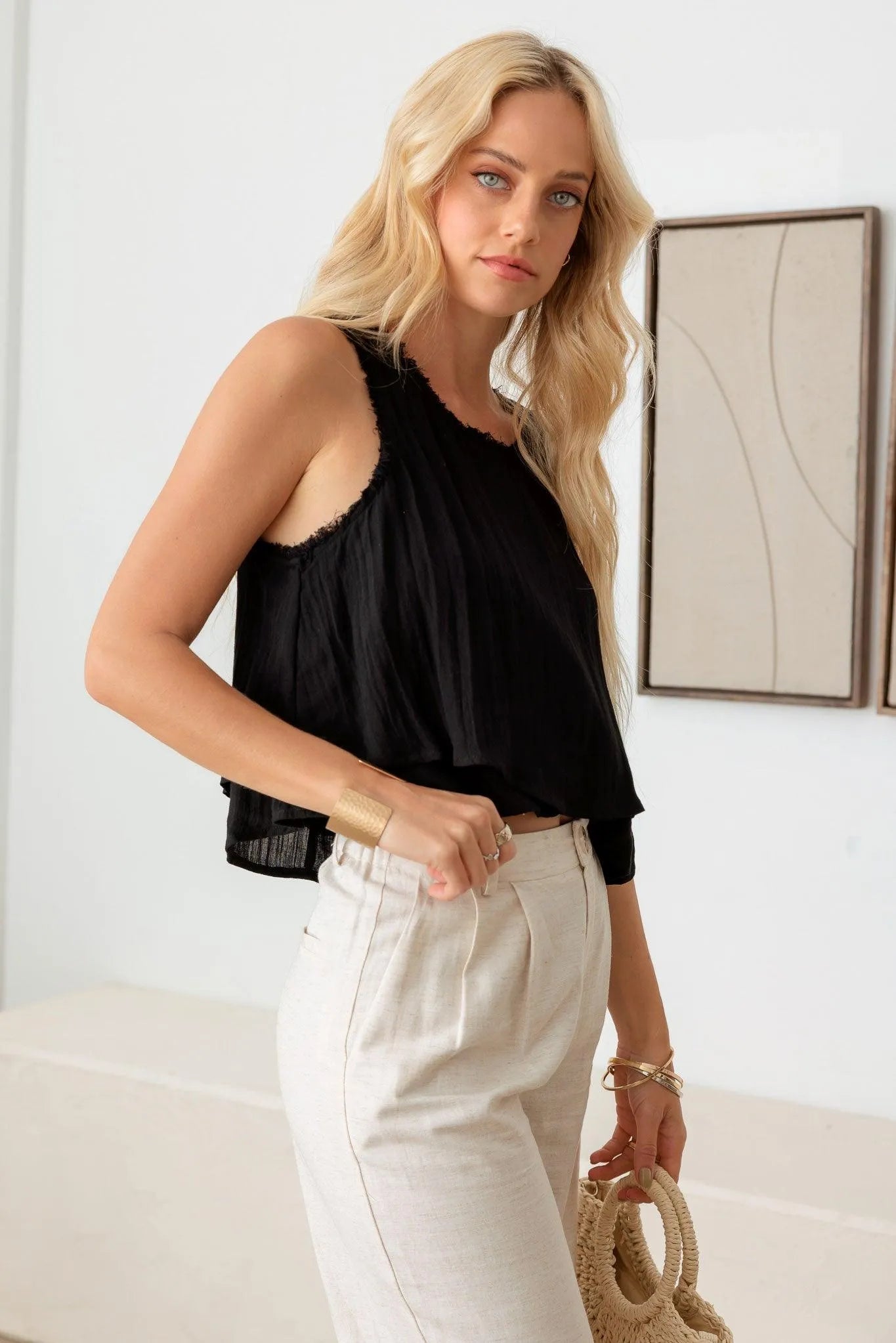Boho Sleeveless Layered Frayed Edges Top - Tasha Apparel Wholesale