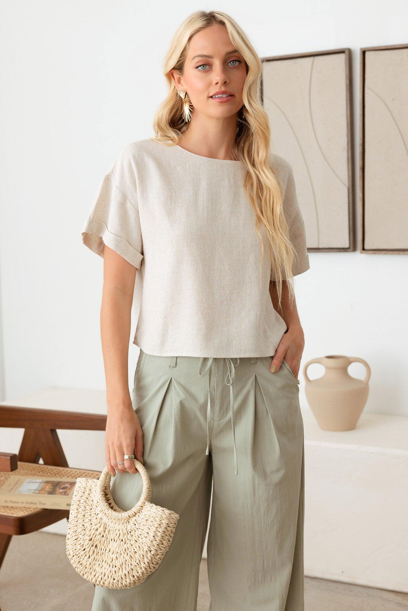 Linen Short Sleeve Open Back Top - Tasha Apparel Wholesale